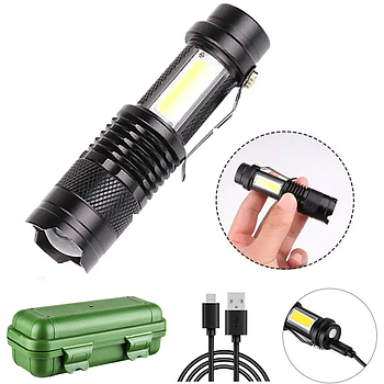 Ручний ліхтар акумуляторний 2в1 з USB, BL-525+COB + Кейс / Потужний тактичний Ліхтарик з бічним світлом