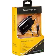 Мережевий зарядний пристрій для телефона Grand-X CH-35B Black (microUSB 2xUSB 2.1A 5V )