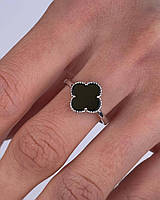 Серебряное кольцо клевер с ониксом (родий / позолота)