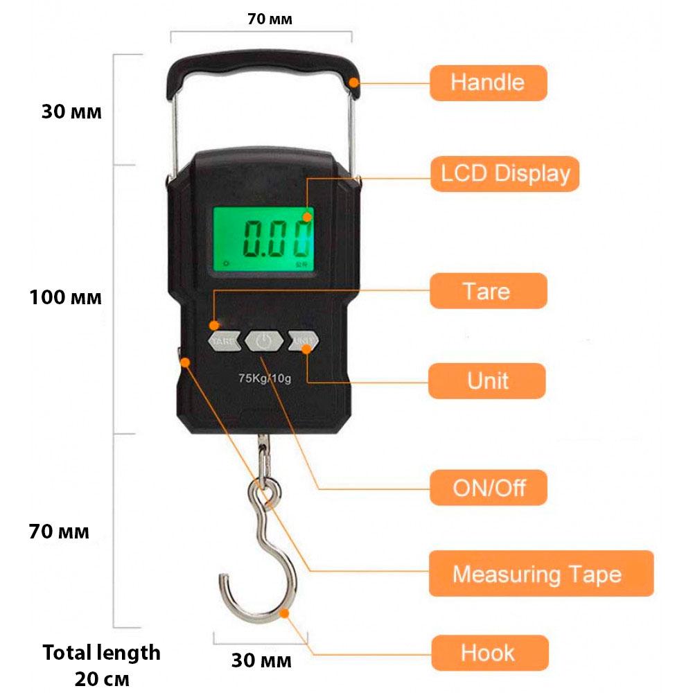 Кантер весы электронные с рулеткой "Electronic scale WH-A22" Черные, портативные весы ручные до 75 кг (TO) - фото 4 - id-p1731380682