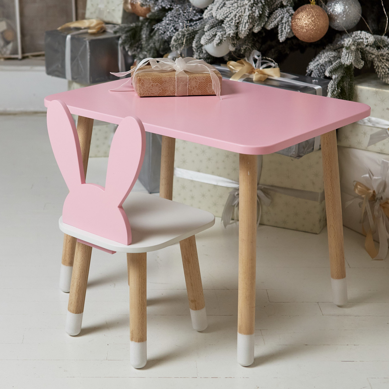 Рожевий прямокутний стіл і стільчик дитячий зайчик з білим сидінням. Рожевий дитячий столик, фото 1