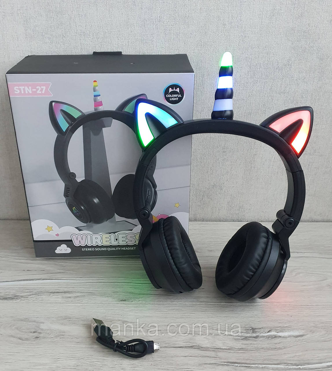 Навушники Котячі вушка/єдиноріг бездротові з мульти RGB,МР3плеер Cute Headset 27STN Bluetooth Black  STN-27, фото 1
