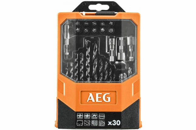 Набір свердл і насадок викруткових AEG: з шпинделем- 1/4", 25 свердл, 21 насадка, 50 шт. в футлярі, фото 1