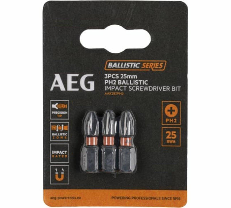 Насадки викруткові ударостійкі AEG: PH2, l= 25 мм, 3 шт., фото 1