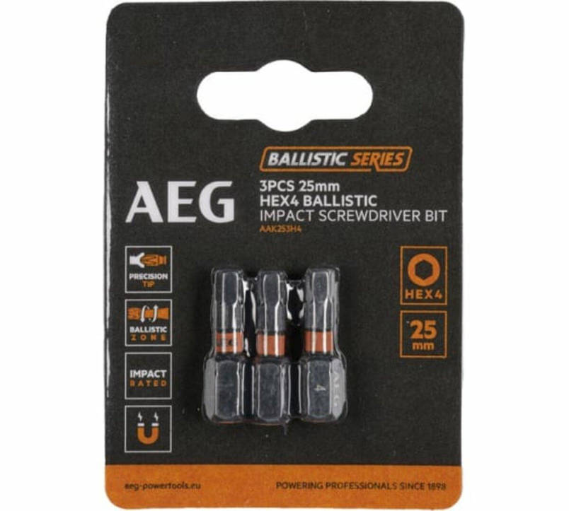 Насадки викруткові ударостійкі AEG: HEX 4, l= 25 мм, 3 шт., фото 1