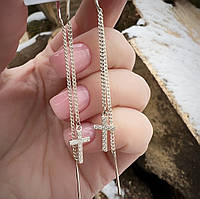 Срібні Сережки протяжки в позолоті Хрестики