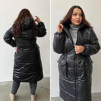 Пальто женское утепленное батал NOBILITAS 54 - 56 черное стеганная плащевка (арт. 22045)