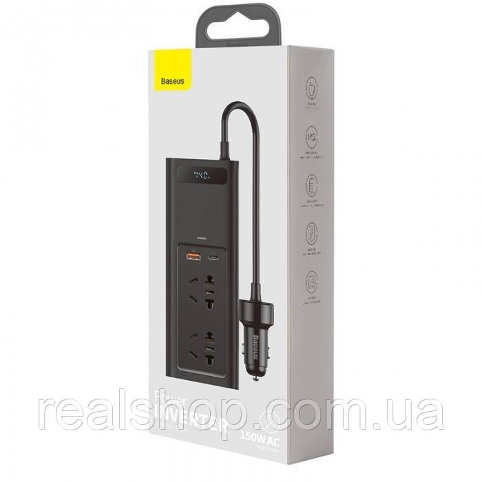 Автомобільний інвертор Baseus 150 W 220 V CN EU CRNBQ-A01 Чорний In-car Inverter 1USB/1Type-C 0.4m, фото 1