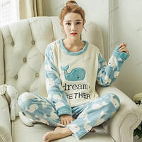 Пижама женская тёплая, домашний костюм. Пижама Голубой Кит, комплект (штаны, кофта) 48