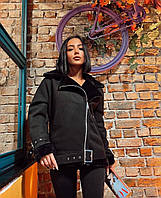 Тепла куртка Дублянка Авіатор чорного кольору Тканина замша еко + всередині хутро (штучне) Розміри S, M, L