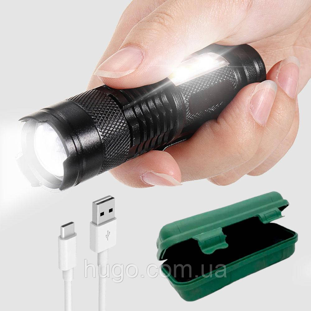 Ліхтар ручний акумуляторний з USB зарядкою та кейсом BL-525+COB / Тактичний ліхтарик з бічним світлом