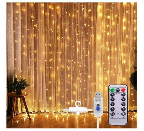Гірлянда Штора Роса 300LED 3x2m білий теплий USB/220В, пульт IP44 Код.58490, фото 1