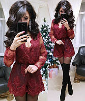 Женский модный комбинезон из кружева низ шорты с длинным рукавом на запах , красный