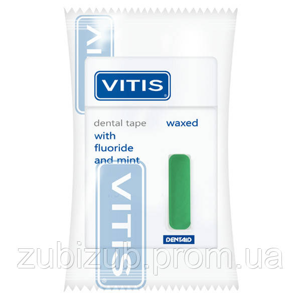 Зубна стрічка Vitis з фтором та м&#x27;ятою (зелена) у п/е упаковці 50 м.