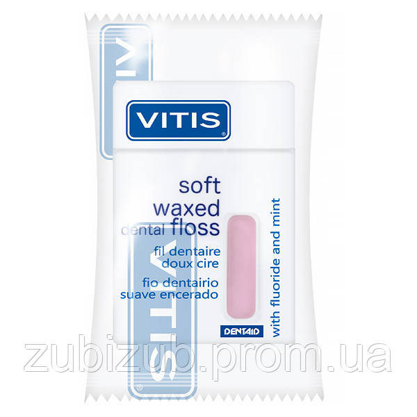 М&#x27;яка зубна нитка Vitis з фтором та м&#x27;ятою (рожева) у п/е упаковці 50 м.
