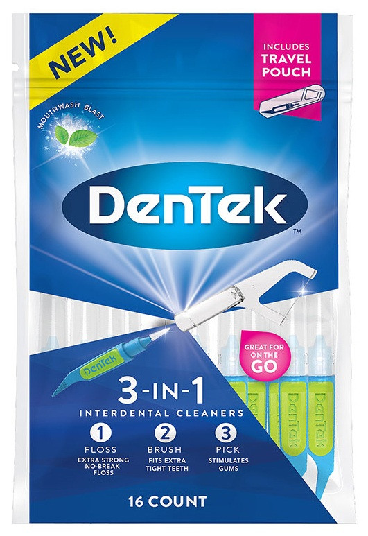 Міжзубні очищувачі 3 в 1 DenTek з покращеним фторидним покриттям 16 шт, фото 1