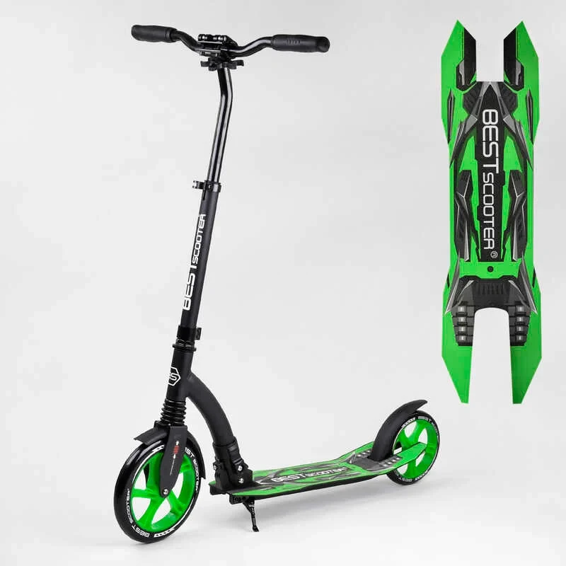 Самокат двоколісний з великими колесами Best Scooter 52266 Зелений, з амортизатором, PU 23/20 см, до 100 кг, фото 1