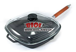 Сковорода ГРІЛЬ чавунна 28х28 см зі знімною ручкою та скляною кришкою БІОЛ 1028C