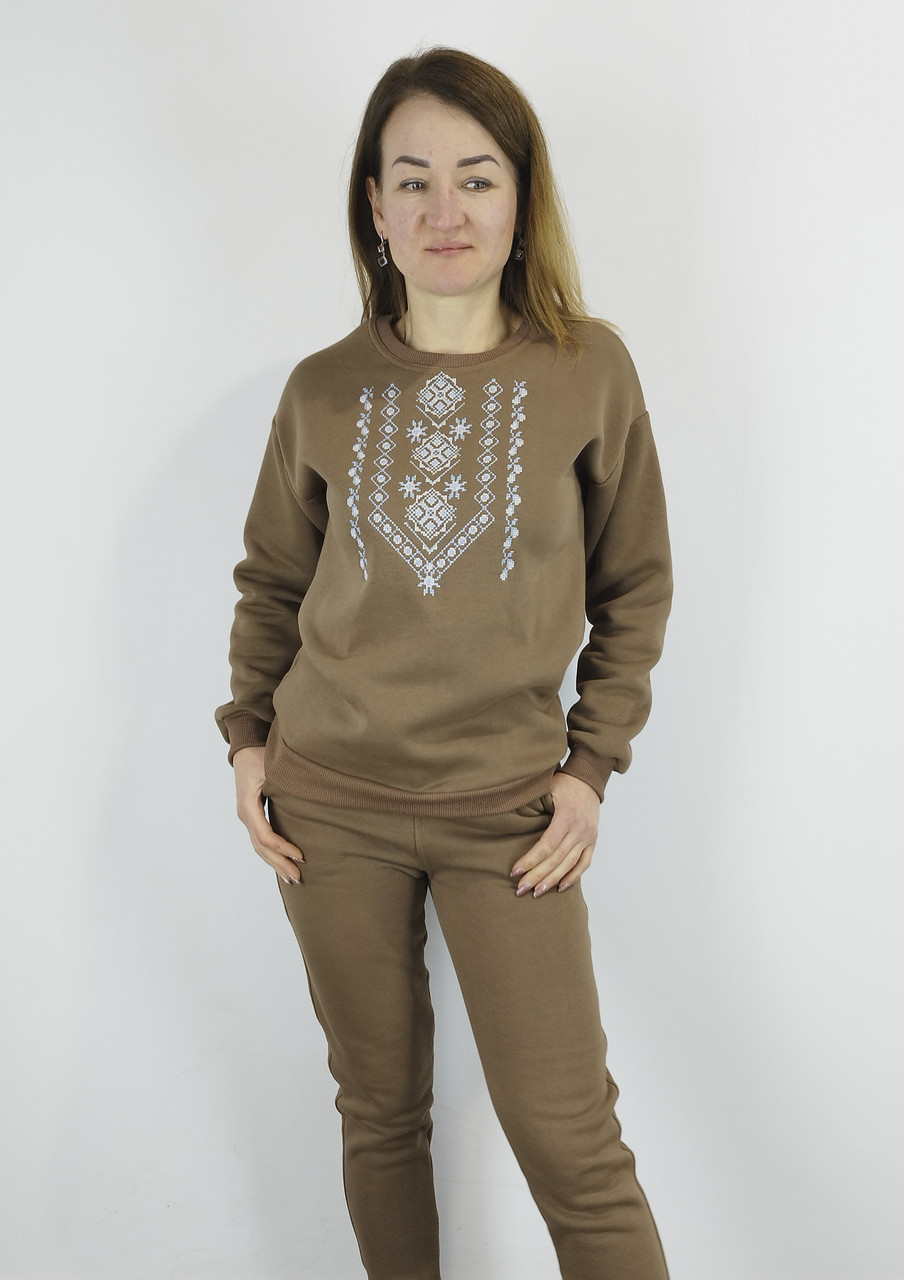 Світшот з вишивкою на флісі кольру  Мокко XL,XXL,3XL