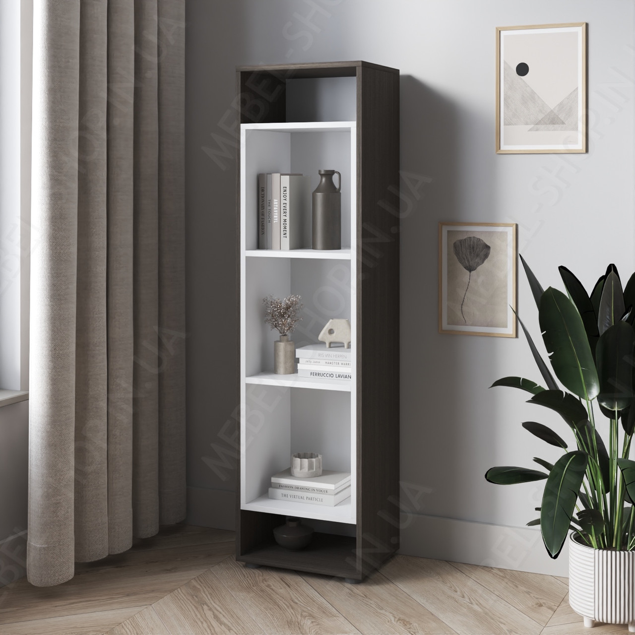 Книжковий стелаж для дому та офісу на 5 відділень із Ламінованого ДСП Пенал для книг та квітів 390 мм шириною, фото 1