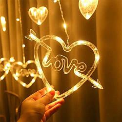 Гірлянда Штора 2,5 м, із Серцями "LOVE", 220В, Теплий білий / Світлодіодна LED гірлянда на вікно з фігурками
