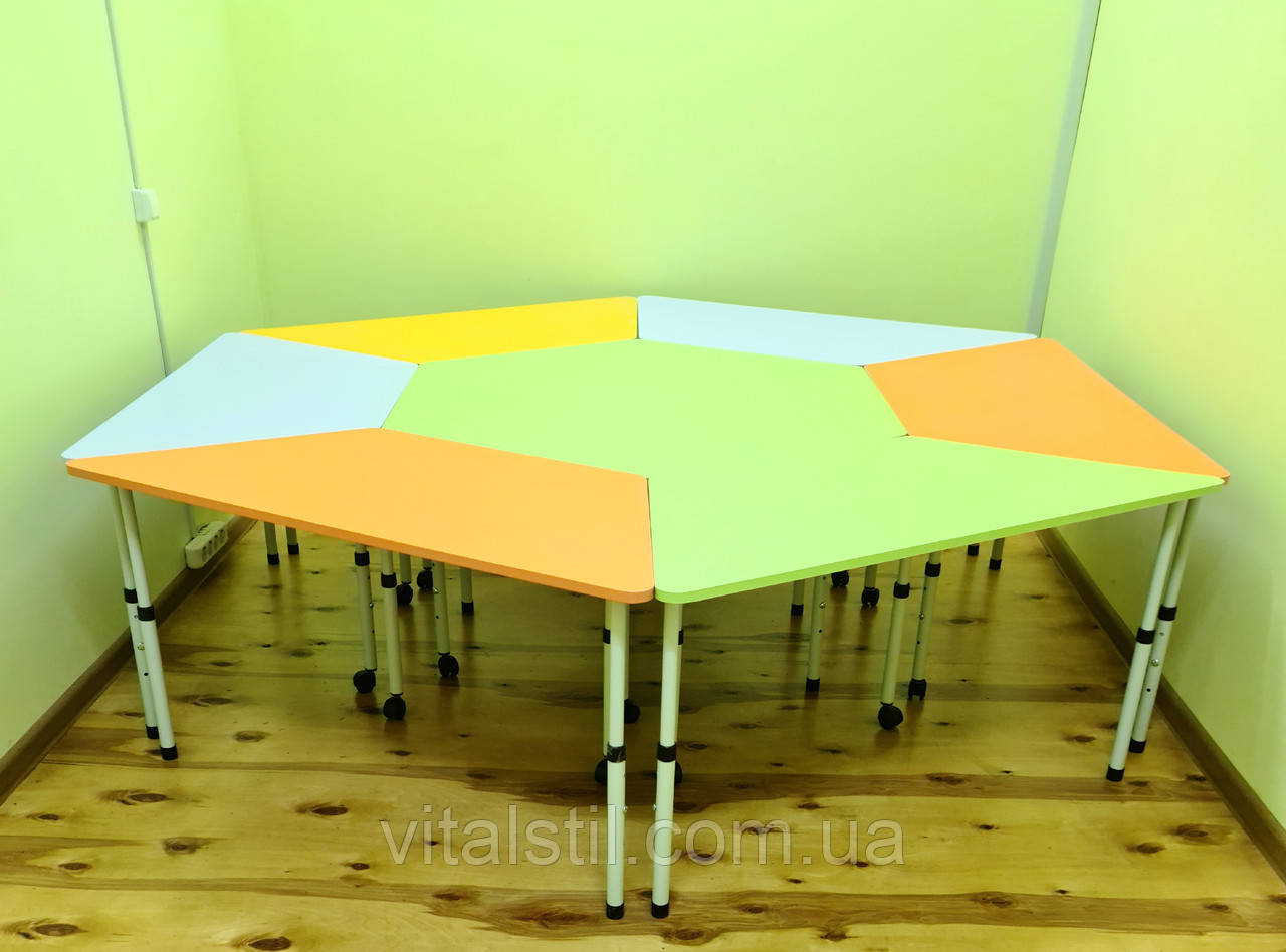 Комплект Стіл мобільний для початкової школи шестигранний регульований за висотою 1180*1020 2-4 р.гр. та 6-ть Трапеція 1180х510, фото 1