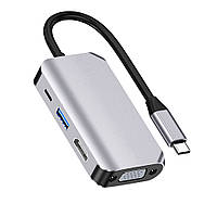 Переходник адаптер 4in1 Type-C to HDTV / VGA / Type-C PD 60W / USB 3.0, Grey