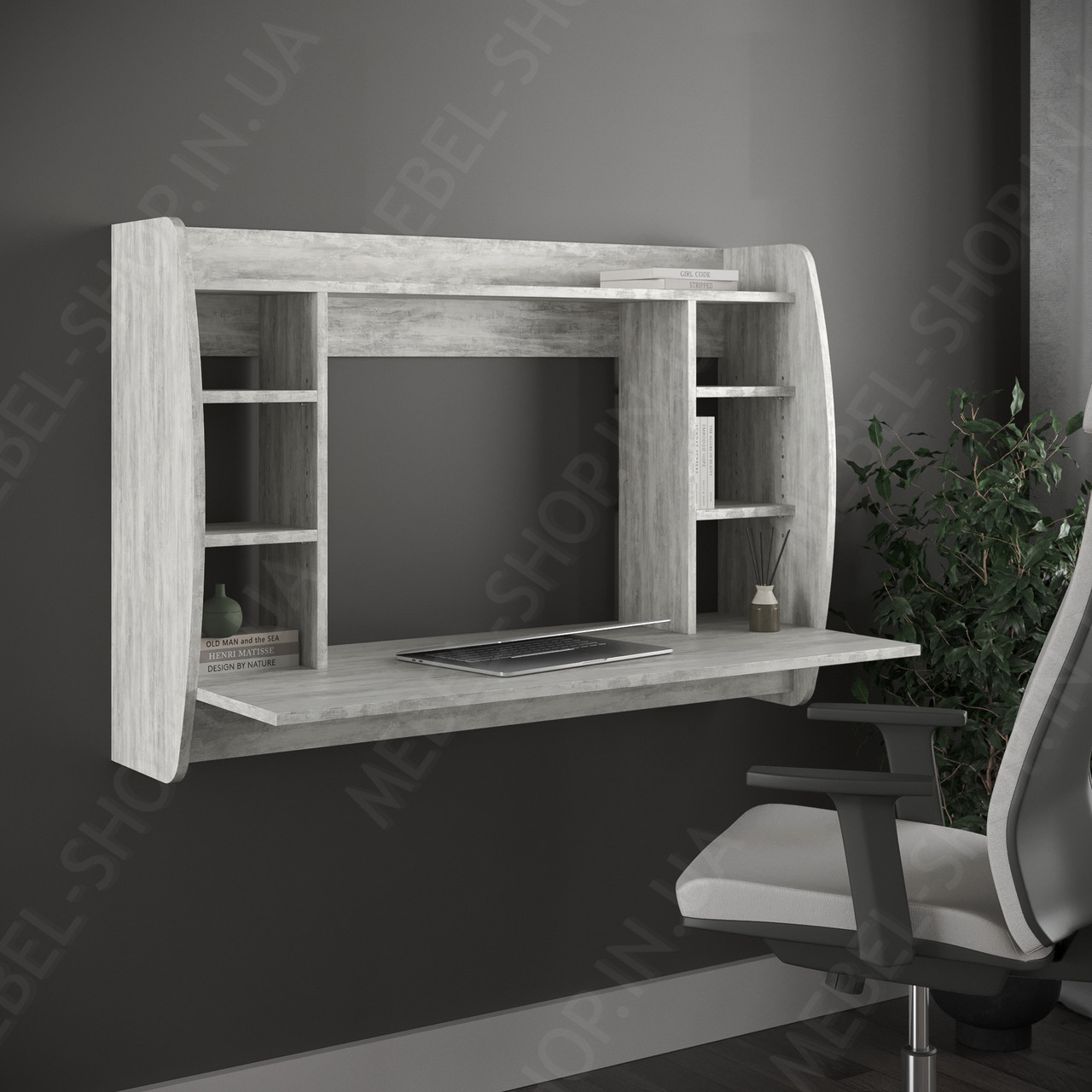 Навісний стіл для ноутбука з 6 відкритими поличками з ДСП Настінні письмові столи у спальню або дитячу, фото 1