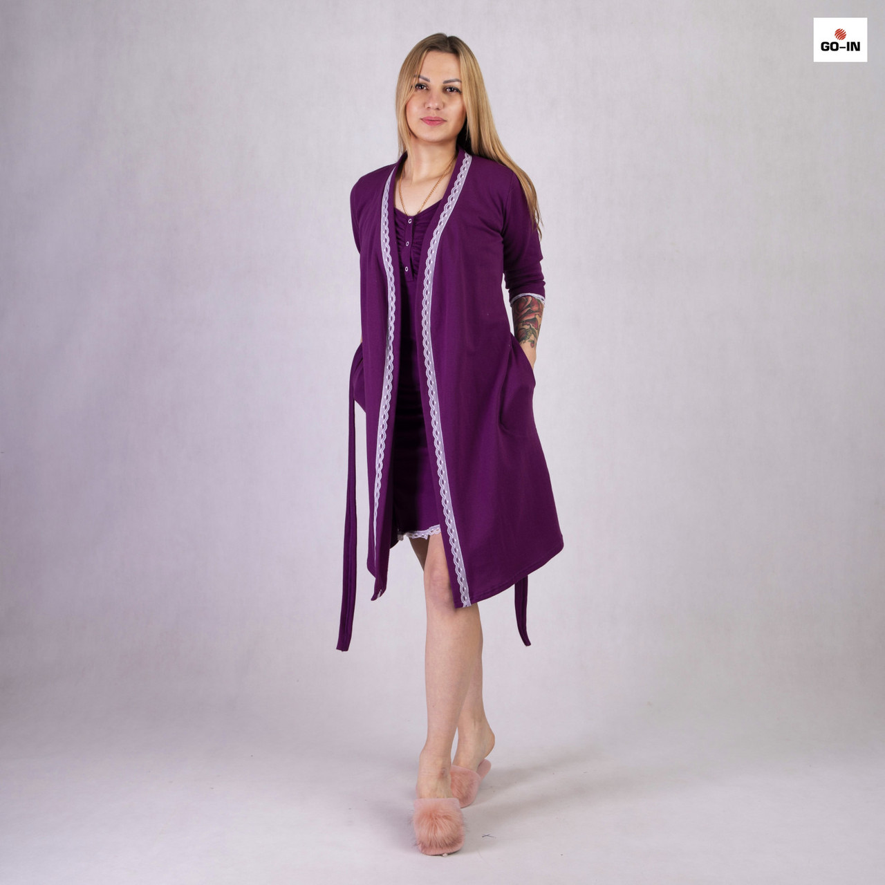 Комплект теплий жіночий халат і нічна сорочка з мереживом, для вагітних і мам-годувальниць 42-54р.