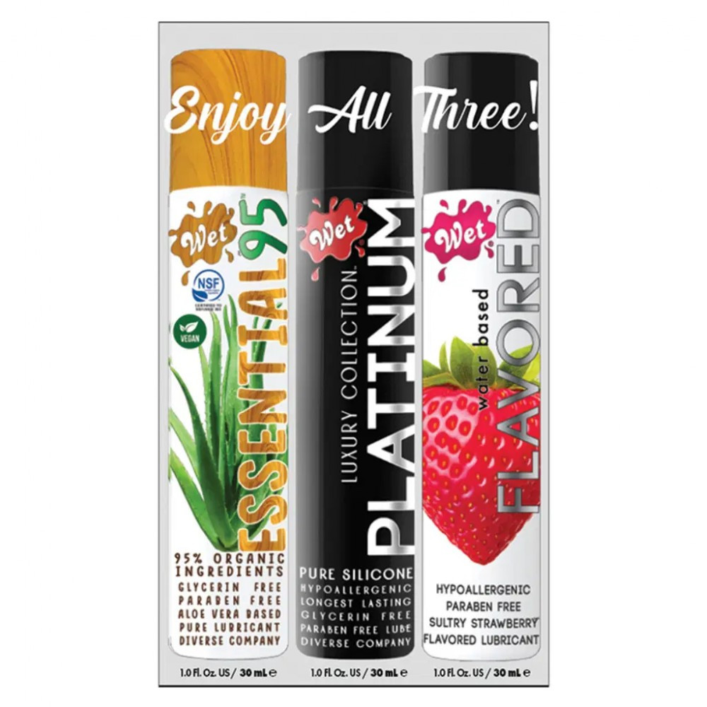 Набір лубрикантів WET 3 PACK SAMPLER ESSENTIAL95, PLATINUM, STRAWBERRY 3шт по 30мл, фото 1
