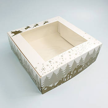 Коробка для зефіру з квадратним віконцем Олені 20х20х7 см