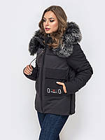 Зимовий модний пуховик куртка жіноча з хутром на капюшоні чорна