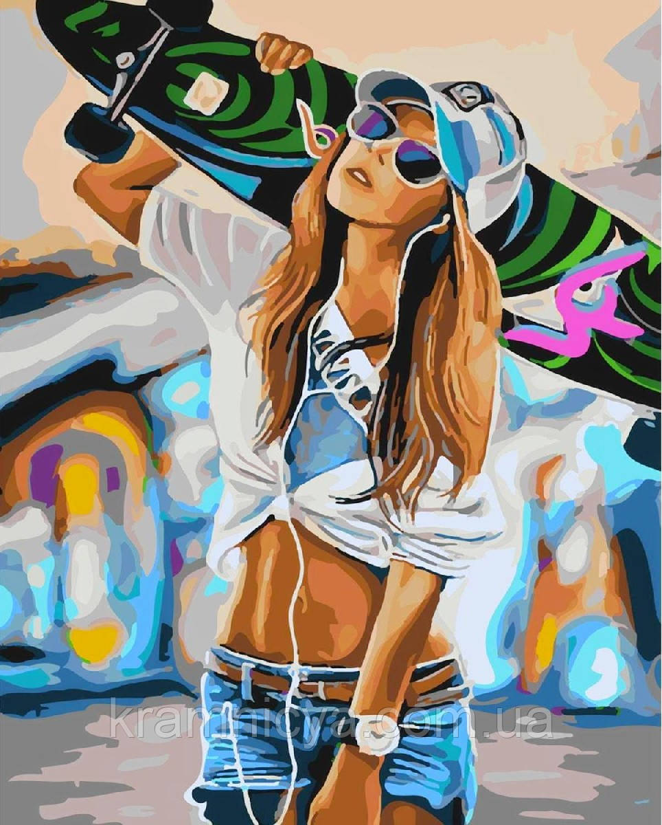 Картина за номерами Дівчина зі скейтом, 40х50 Strateg Преміум з лаком та рівнем (SY6115), фото 1