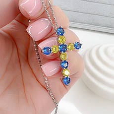 Срібний кулон хрест з жовтим та синім камінням на ланцюжку, кольє з хрестиком срібло, фото 3