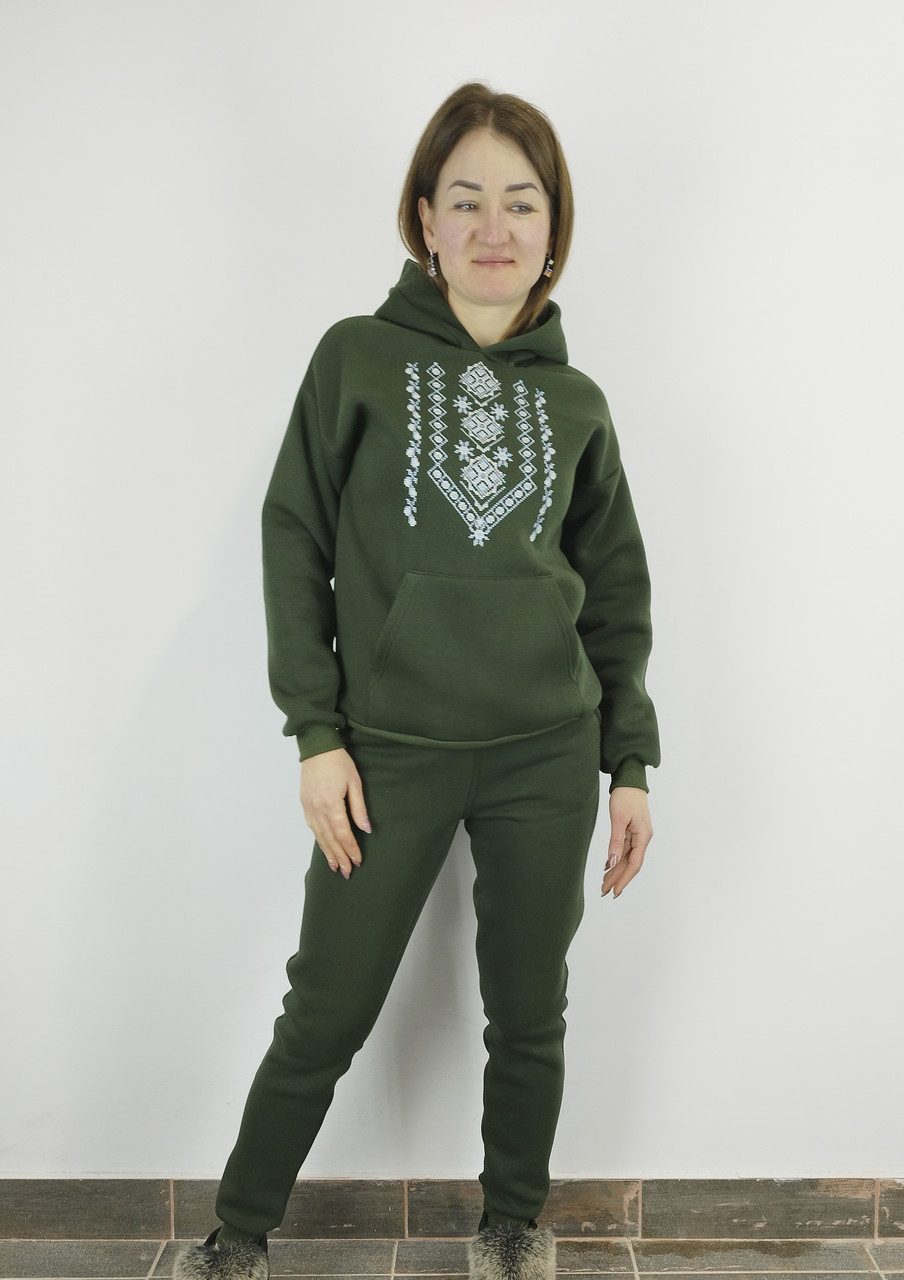 Патріотична жіноча худі з вишивкою на флісі кольру Хакі XL,XXL,3XL