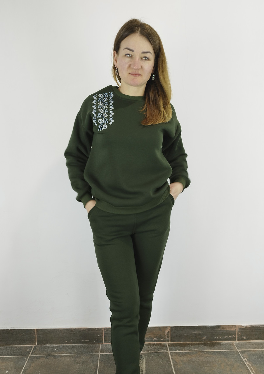 Жіночий світшот з вишивкою на флісі кольру Хаки XL,XXL,3XL
