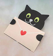 Мини открытка "Черный кот с бежевым конвертом" 10,5х11,5 см
