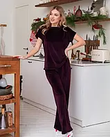 Бордовая бархатная пижама женская Домашняя одежда, Fit look, Велюр, XXL, 52, 65% полиэстер, 35% лайкра, Новое,