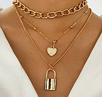 Винтажное многослойное ожерелье -цепочка с подвеской-замком и в форме сердца , чокер.