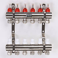 Коллектор с расходомерами, термоклапанами и евроконусами 1"x3/4" 6 выходов ROSSINI