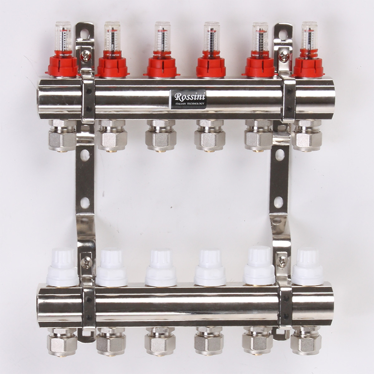 Колектор з витратомірами, термоклапанами і евроконусами 1"x3/4" 6 виходів ROSSINI