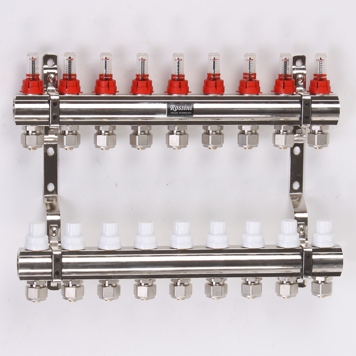Колектор з витратомірами, термоклапанами і евроконусами 1"x3/4" 9 виходів ROSSINI