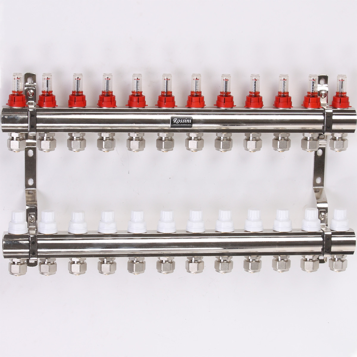 Колектор з витратомірами, термоклапанами і евроконусами 1"x3/4" 12 виходів ROSSINI