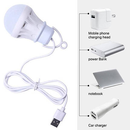 Лампочка LED USB 3W світлодіодна кемпінгова підвісна від повербанка або ноутбука, фото 1