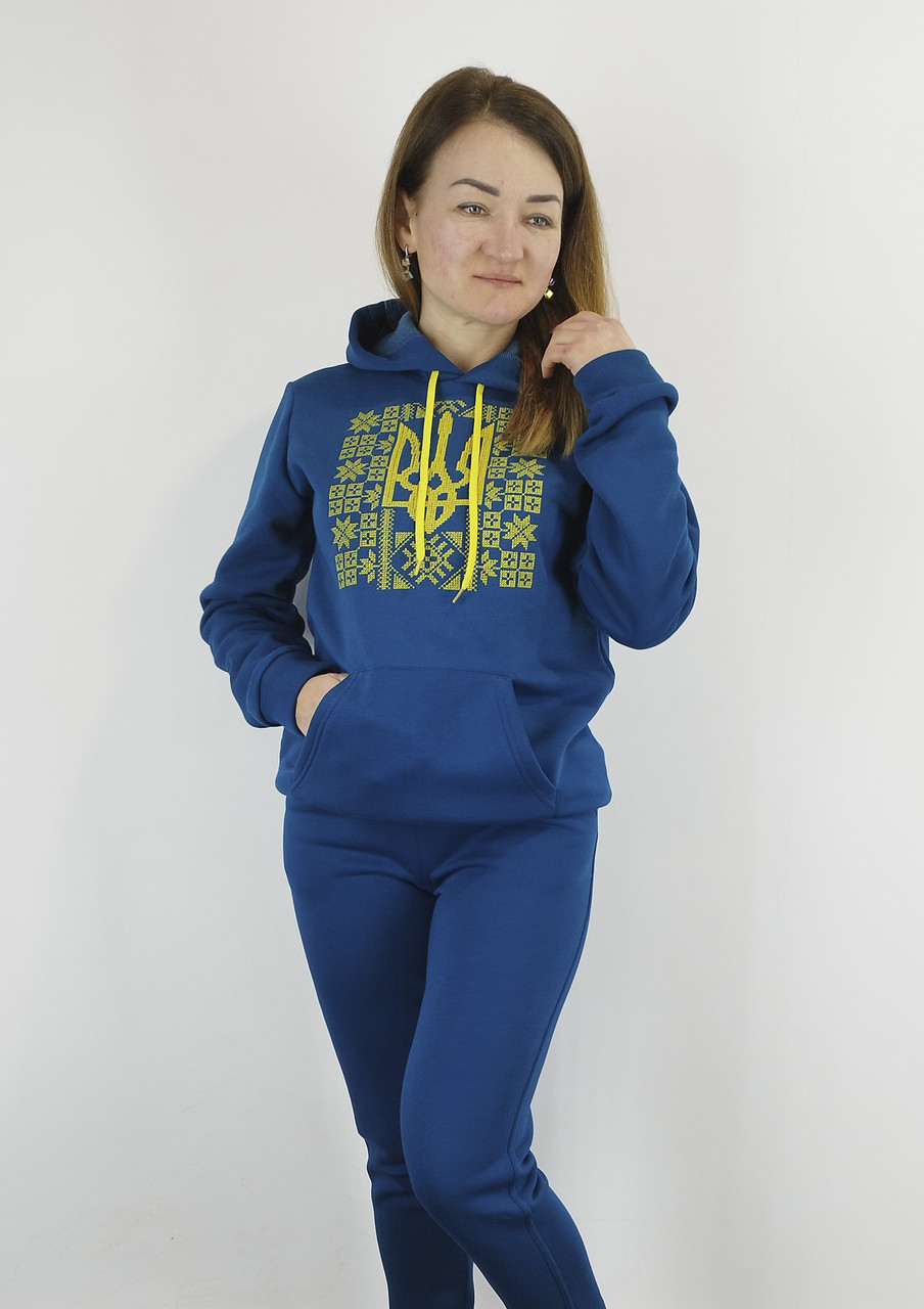 Худі з вишивкою тризуб з орнаментом кольору морська хвиля на флісі  S,M,L
