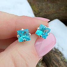 Срібні сережки з квадратним блакитним каменем, квадратні блакитні сережки пусети срібло
