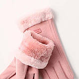 Рукавички жіночі зимові сенсорні під замшу утеплені з хутром. Рукавички теплі (рожеві), фото 2