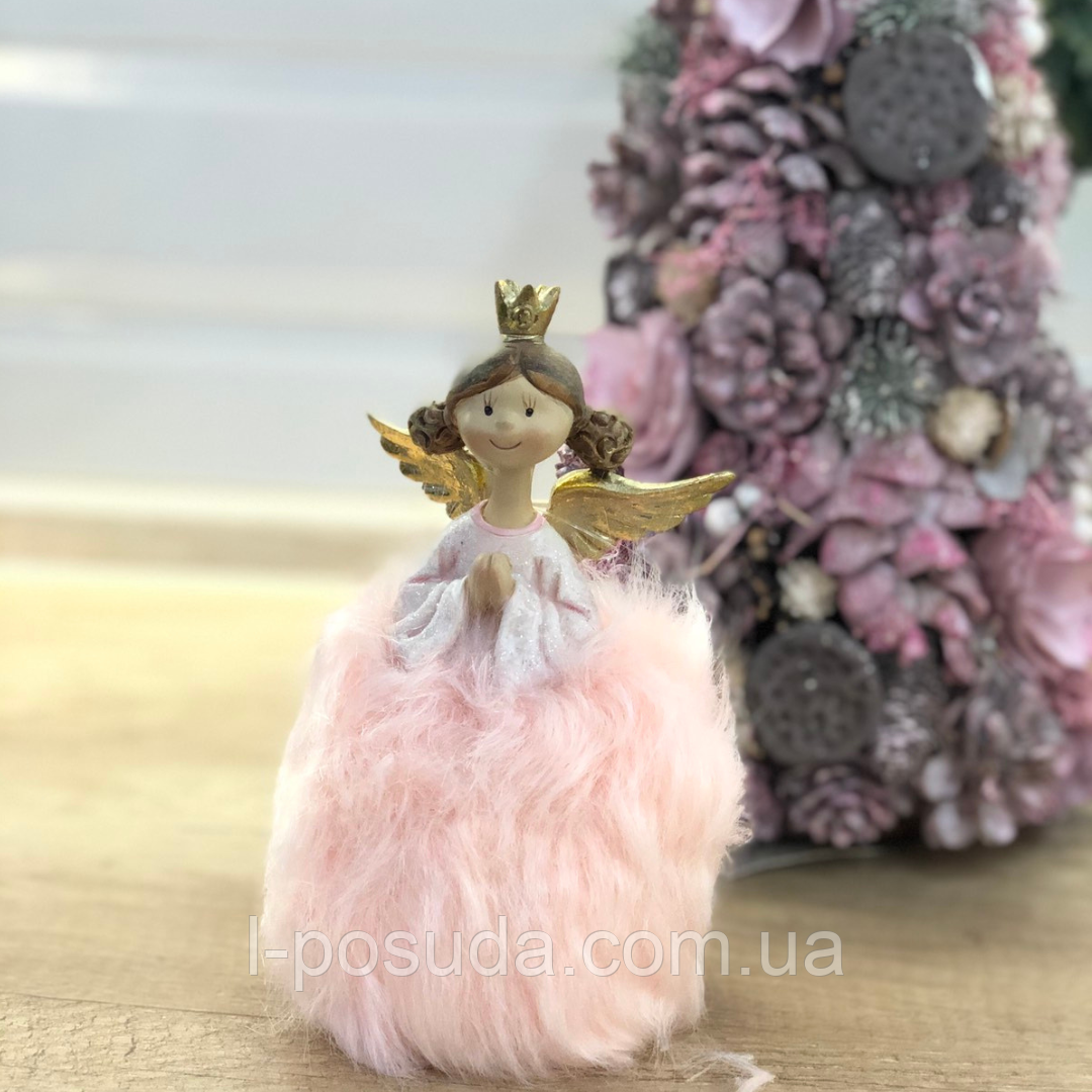 Декоративна новорічна статуетка Дівчинка янголят у хутряній спідниці 16 см