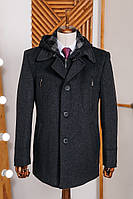 Мужское шерстяное демисезонное пальто с капюшоном, темно серое с наполнителем слимтекс S