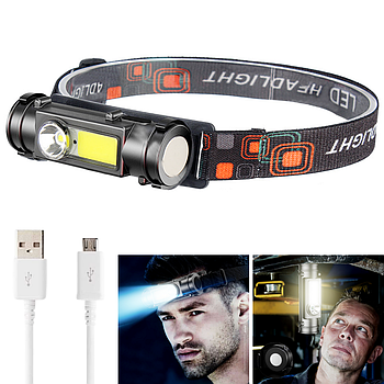 Ліхтар налобний акумуляторний 2в1 з USB-зарядкою та магнітом, CREE Q5+COB, BL-211 / Потужний ліхтарик